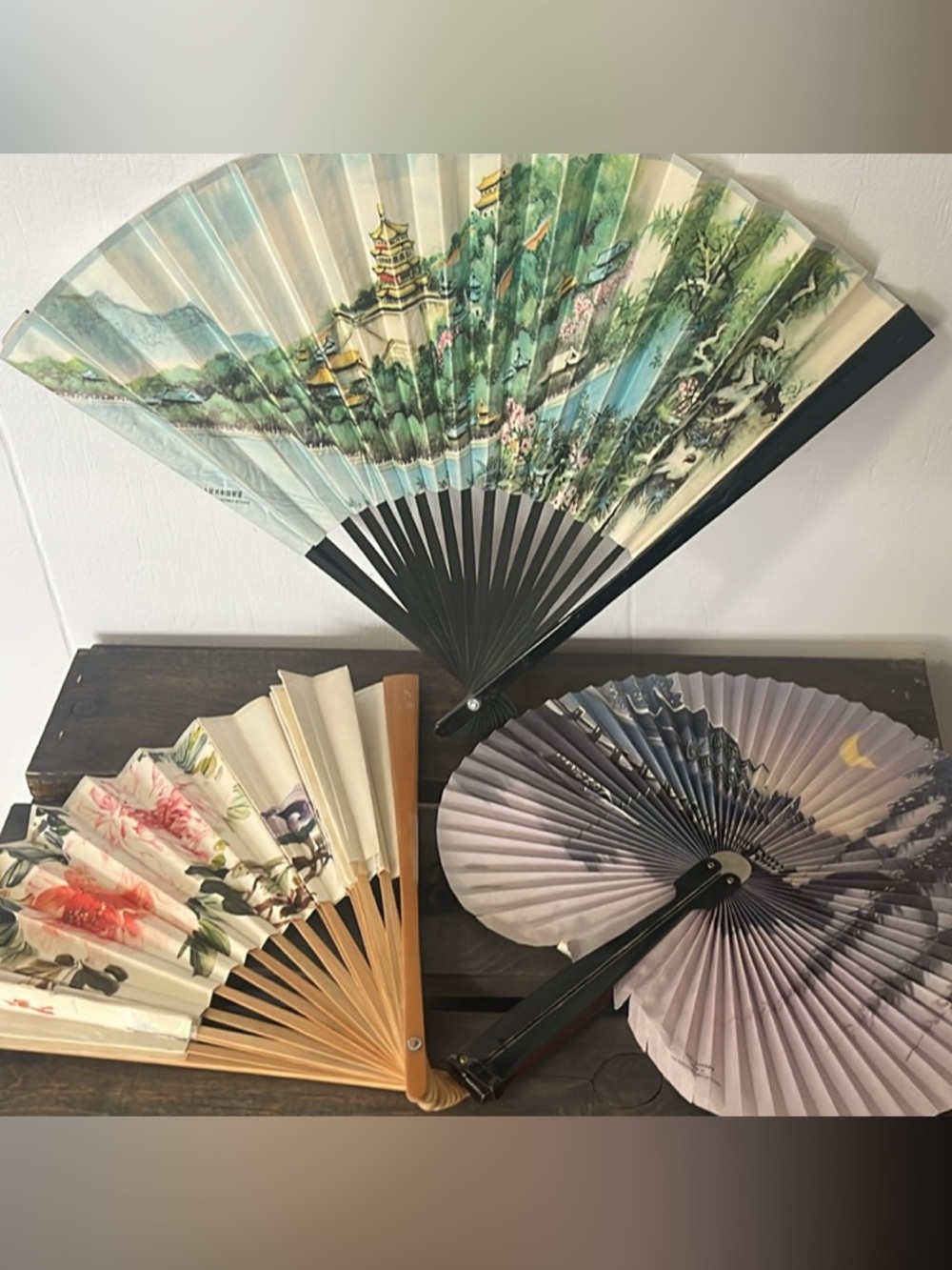 Set of 3 Decorative Handheld Folding Fans - Floral & Scenic Designs